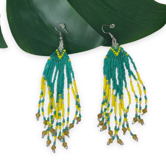 Colorful Boho Native Seed Bead Fringe Earrings - Picture 6 of 6